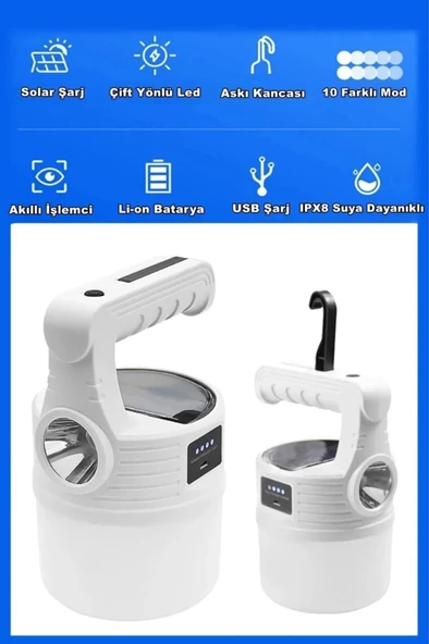P-300w 10modlu Güneş Enerjili Solar Aydınlatma Kamp Çadır Lambası Ampül Led Şarjlı Işıldak El Feneri - 4