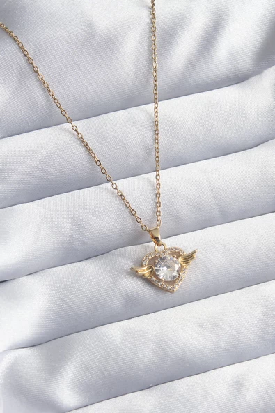 316L Çelik Gold Renk Zincir Zirkon Taşlı Kalp Model Kadın Kolye ürün görseli 1