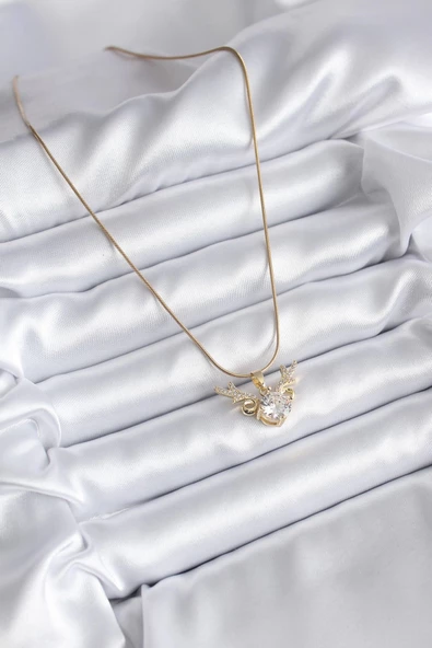 316L Çelik Gold Renk Zirkon Taşlı Boynuz Model Kadın Kolye - Resim 2