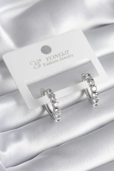 Pirinç Gümüş Renk Zirkon Taşlı Halka Model Kadın Küpe ürün görseli 1