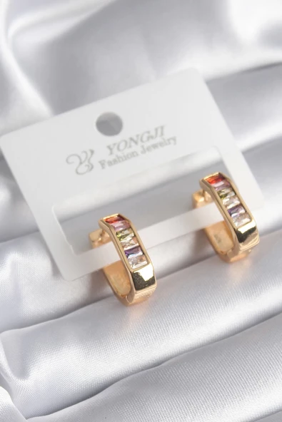 Pirinç Gold Renk Renkli Zirkon Taşlı Kadın Küpe ürün görseli 1