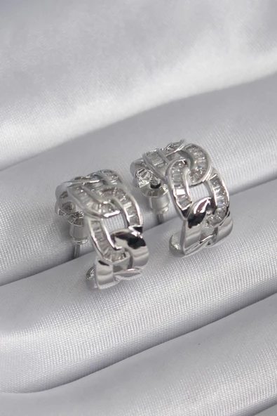 Pirinç Gümüş Renk Zirkon Taşlı Zincir Model Kadın Küpe ürün görseli 1