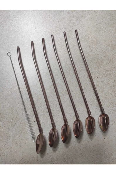 6'lı Paslanmaz Krom Pipetli Kokteyl Bar Kaşığı Ve Temizleme Fırçası, Pipetli Latte Kaşığı 22 Cm - Resim 4