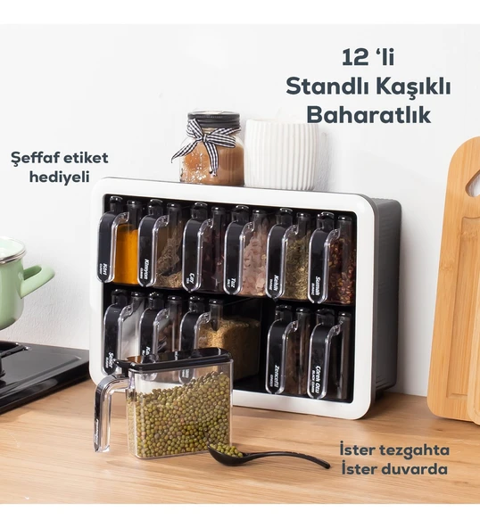 Porsima 1041 Standlı 12 Li Kendinden Yapışkanlı Kaşıklı Kapaklı Baharatlık Takımı-etiketli Baharatlık-siyah
