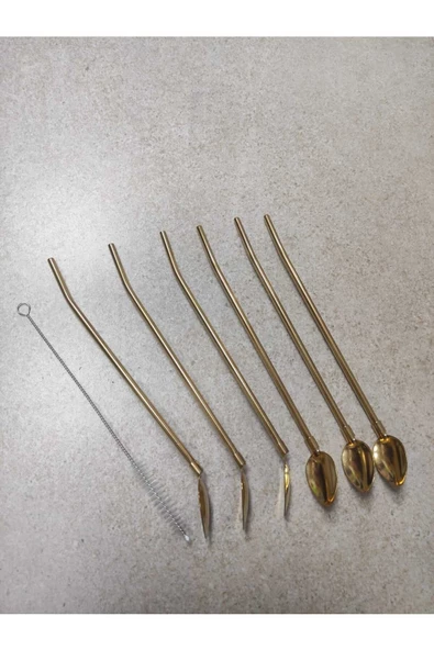 6'lı Paslanmaz Krom Pipetli Kokteyl Bar Kaşığı Ve Temizleme Fırçası, Pipetli Latte Kaşığı 22 Cm - Resim 3