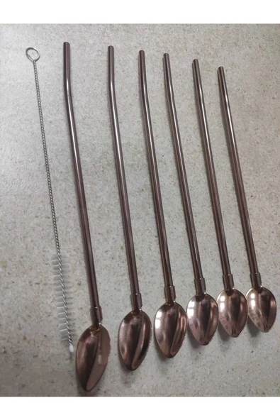 6'lı Paslanmaz Krom Pipetli Kokteyl Bar Kaşığı Ve Temizleme Fırçası, Pipetli Latte Kaşığı 22 Cm - Resim 5