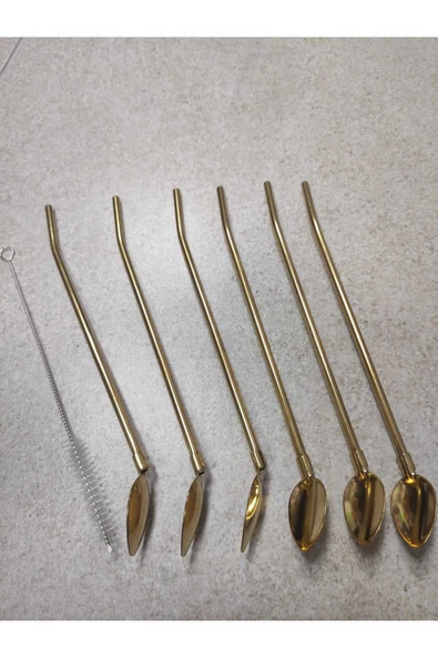 6'lı Paslanmaz Krom Pipetli Kokteyl Bar Kaşığı Ve Temizleme Fırçası, Pipetli Latte Kaşığı 22 Cm - Resim 2