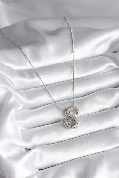 316L Çelik Gümüş Renk Bubble "S" Harf Model Kadın Kolye - Resim 2