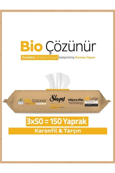 Sleepy Bio Çözünür Karanfil ve Tarçın Yüzey Havlusu 3 x 50'li