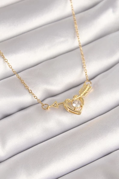 316L Çelik Gold Renk Zincir Zirkon Taşlı Ok Kalp Model Kadın Kolye ürün görseli 1