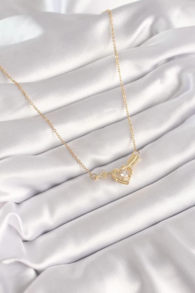 316L Çelik Gold Renk Zincir Zirkon Taşlı Ok Kalp Model Kadın Kolye - Resim 2