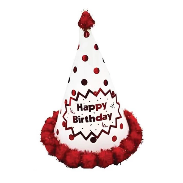 Happy Bırthday Parlak Parti Şapka Makaron Kırmızı Ponponlu 23 cm