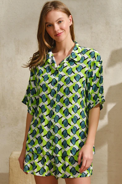 Anıl 5741 Kadın Dokuma Viskon Önden Düğmeli Yarım Kollu Gömlek ve Yandan Cepli Şort Pijama Takım - Resim 2