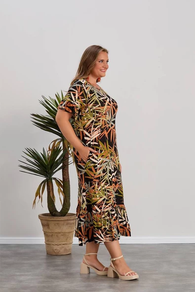 Wearon Kadın Dora Büyük Beden Volanlı Yaprak Desen Siyah Elbise - 3