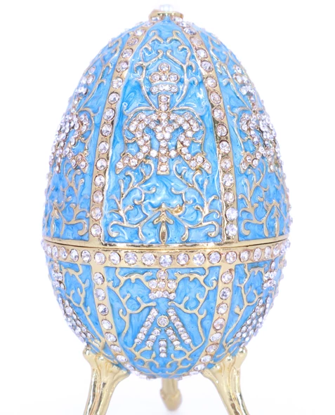 Swaroski Taşlı Büyük Faberge Yumurta Takı Kutusu - Mavi - 2