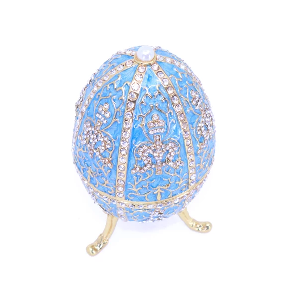 Swaroski Taşlı Büyük Faberge Yumurta Takı Kutusu - Mavi - 3