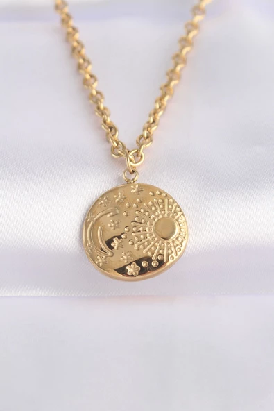 316L Çelik Zincir Altın Renk Oval Desenli Kolye ürün görseli 1