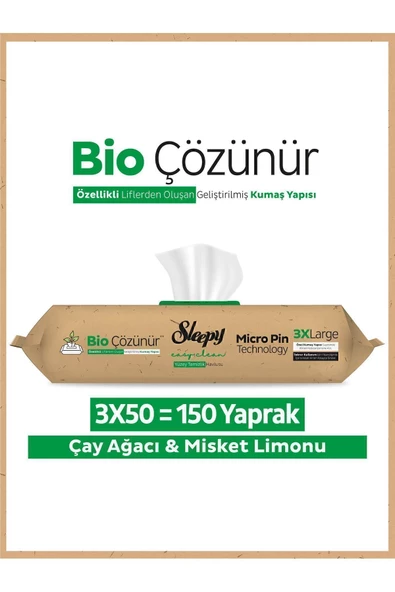 Sleepy Bio Çözünür Çay Ağacı ve Misket Limonu Yüzey Havlusu 3 x 50'li