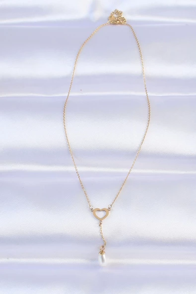 316L Çelik Zincir Gold Renk İnci Taş Detay Kalp Kolye - Resim 2