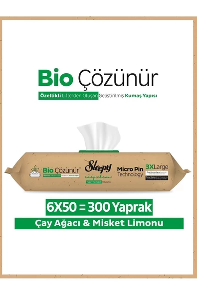 Sleepy Bio Çözünür Çay Ağacı ve Misket Limonu Yüzey Havlusu 6 x 50'li