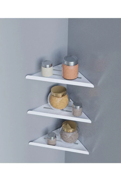 Risingmaber Dekoratif 3'lü Beyaz Köşe Mutfak ve Raf düzenleyici, Şampuan Tutucu, Banyo Düzenleyici - 3