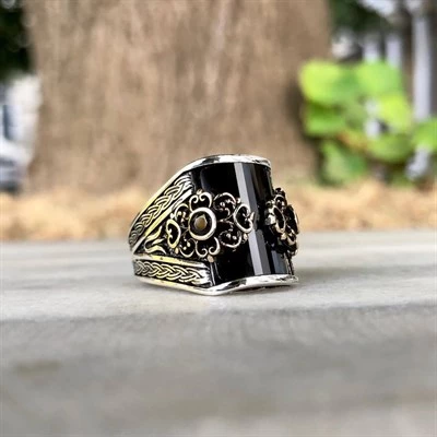 Siyah Taşlı 925 Gümüş Erkek Yüzük - 8