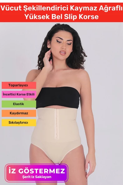 1 Beden İncelten Toparlayıcı Sıkılaştırıcı Vücut Şekillendirici Kaymaz Ağraflı Yüksek Bel Slip Korse ürün görseli 1