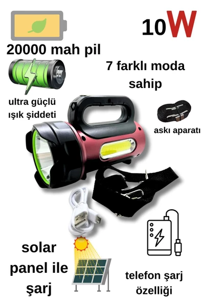 10w Uzun Menzilli Solar Panelli Powerbank Usb Çıkış S.o.s Lu Ultra Güçlü Ledli Şarjlı Feneri - 4