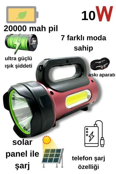 10w Uzun Menzilli Solar Panelli Powerbank Usb Çıkış S.o.s Lu Ultra Güçlü Ledli Şarjlı Feneri