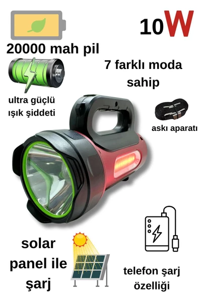 10w Uzun Menzilli Solar Panelli Powerbank Usb Çıkış S.o.s Lu Ultra Güçlü Ledli Şarjlı Feneri - 3