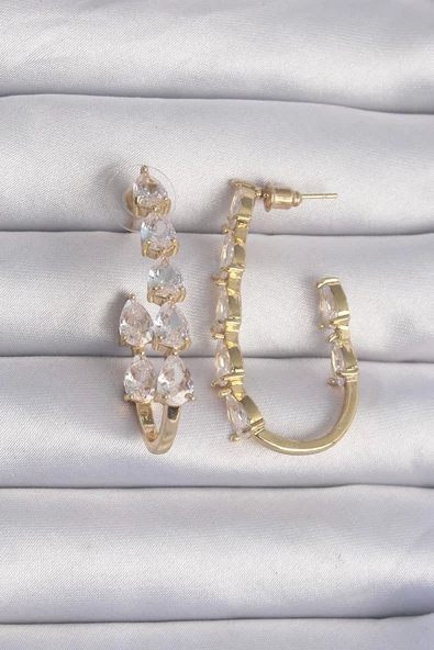 Pirinç Gold Renk Damla Zirkon Taş Tasarımlı Küpe ürün görseli 1