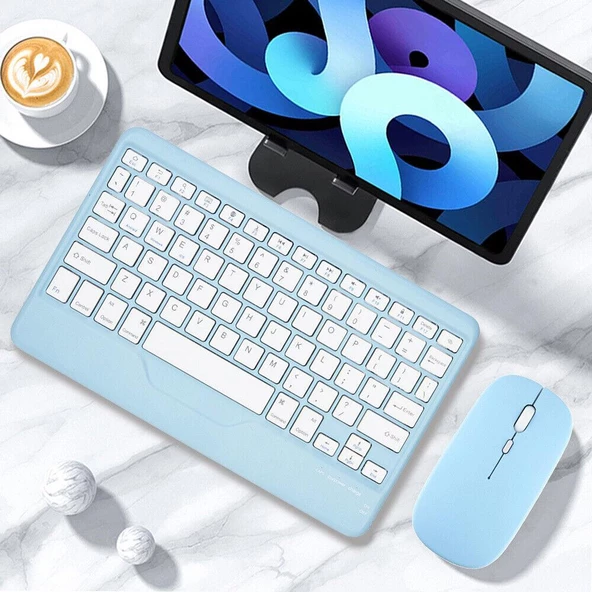 Amazon Fire HD 10 2019 10.1" Uyumlu Kablosuz Bluetooth Şarjlı Türkçe Q Klavye Mouse Seti - Mavi - Resim 4
