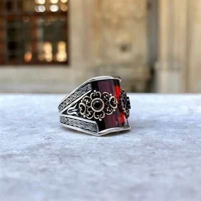Kırmızı Taşlı 925 Gümüş Erkek Yüzük - 8