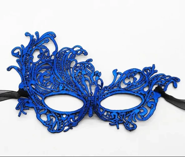 Mavi Renk Dantel Kesim Dantel İşlemeli Balo Parti Maskesi ürün görseli 1