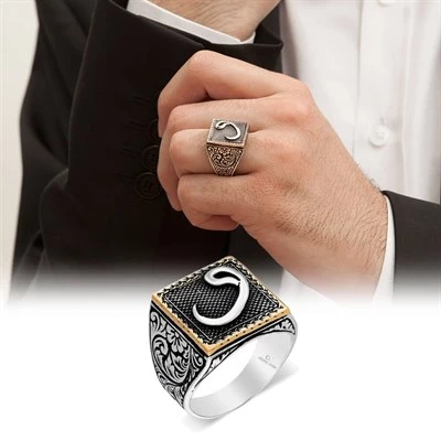 Vav Desenli Kare 925 Gümüş Erkek Yüzük - 7