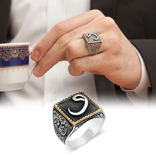 Vav Desenli Kare 925 Gümüş Erkek Yüzük - 2