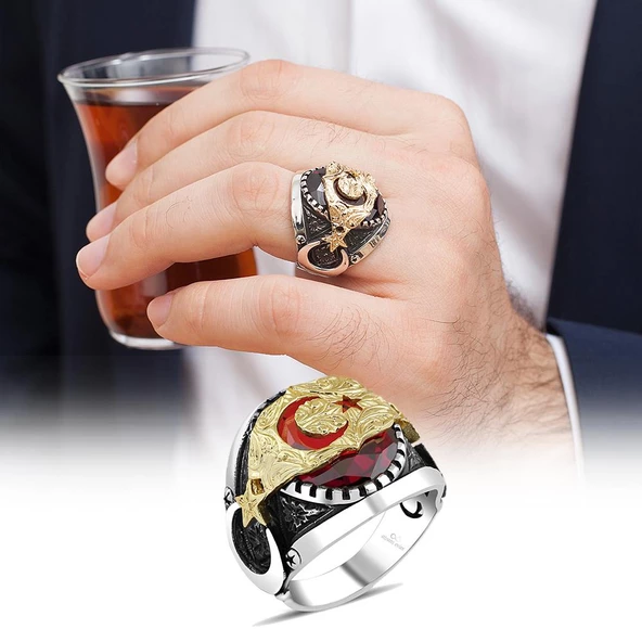 Ay Yıldız Kırmızı Taşlı 925 Gümüş Erkek Yüzük - Resim 2