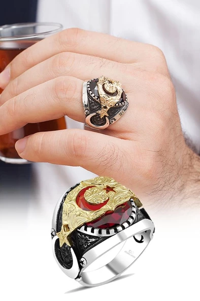 Ay Yıldız Kırmızı Taşlı 925 Gümüş Erkek Yüzük ürün görseli 1