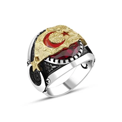Ay Yıldız Kırmızı Taşlı 925 Gümüş Erkek Yüzük - Resim 4
