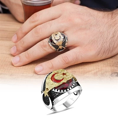 Ay Yıldız Kırmızı Taşlı 925 Gümüş Erkek Yüzük - Resim 10