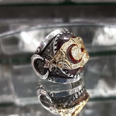 Ay Yıldız Kırmızı Taşlı 925 Gümüş Erkek Yüzük - Resim 11