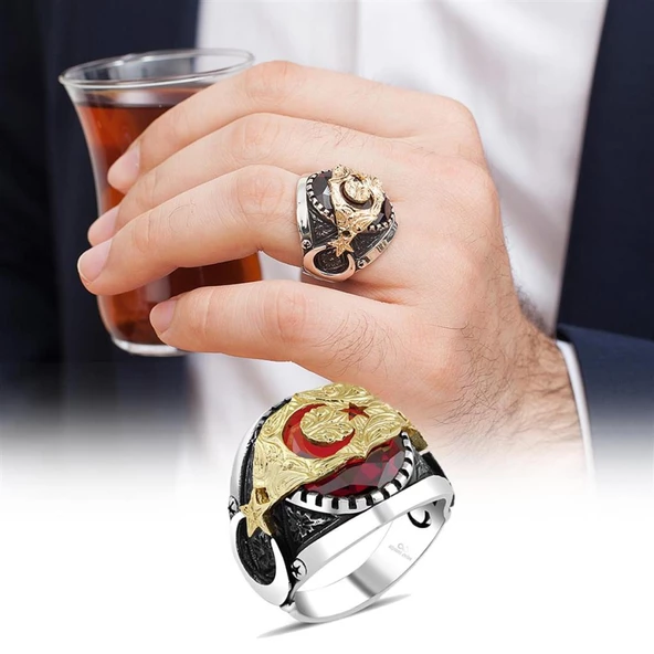 Ay Yıldız Kırmızı Taşlı 925 Gümüş Erkek Yüzük - Resim 12