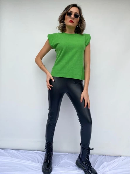 Kadın Yeşil Kolsuz Vatkalı Triko Kazak - 6