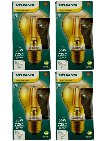 Sylvania 7W 2500K (Sarı Işık) E27 Duylu Rustik Led Ampul (4 Adet)