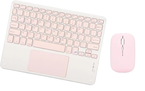 Poco Pad Tablet 12.1" Uyumlu Kablosuz Bluetooth Dahili Bataryalı Şarjlı TouchPad'li Klavye Mouse Seti - Pembe