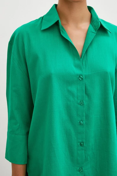 Geniş Manşetli Keten Gömlek Yeşil - Resim 2