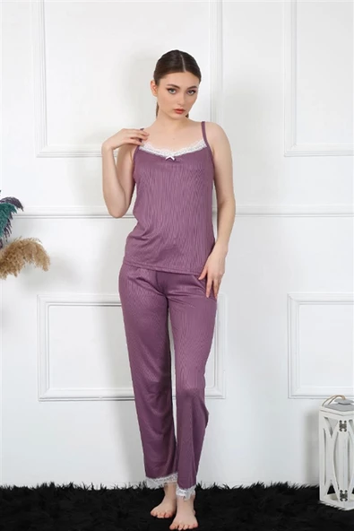 Moda Çizgi Kadın İp Askılı Mürdüm Pijama Takım 4136