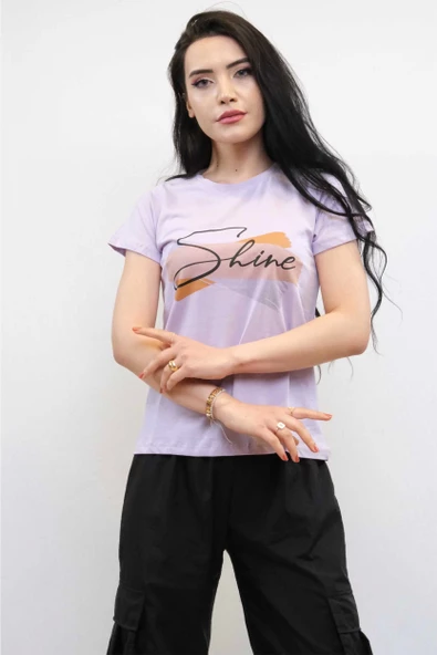 Moda Çizgi Shine Baskılı Tshirt Lila