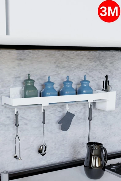 Risingmaber Yapışkanlı Beyaz Mutfak Düzenleyici Banyo Düzenleyici ve Askı Kancalı Banyo Rafı 3M Yapışkanlı Tasarım MT87B - 2