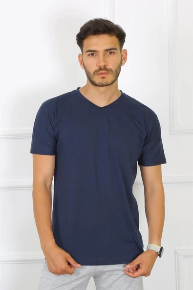 Moda Çizgi Erkek Lacivert %100 Pamuklu T-Shirt 27486